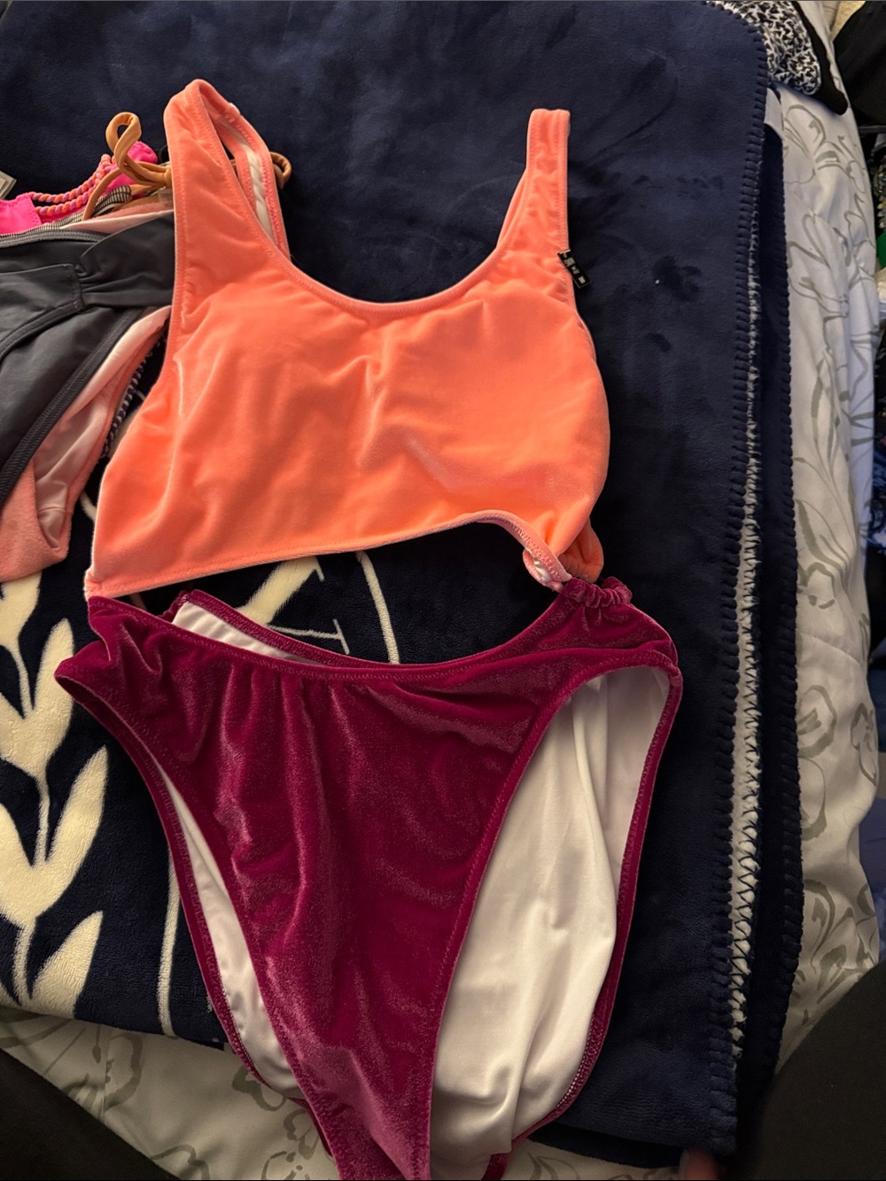Bright Coral Crop Bikini Top with Berry Velvet High-Waist Bottom